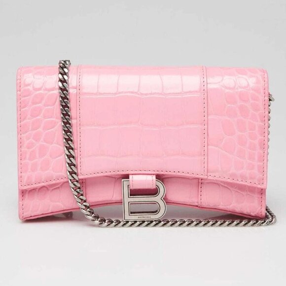 Balenciaga Pink Croc Embossed Leather Soft Hourglass Wallet On Chain Bag - Picture 1 of 12